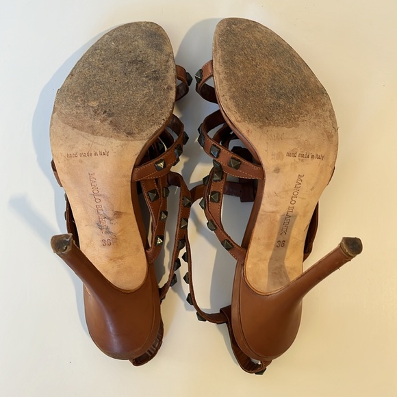 Manolo Blahnik Ibiza Bulgaro Luggage Brown Leather Studded Strappy Heels Sz 36 6 - Picture 5 of 8